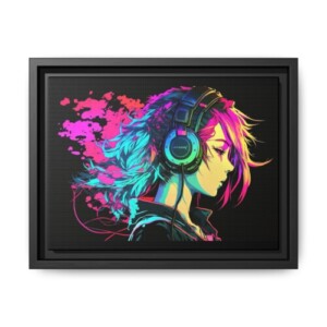 Neon Anime Music Girl Matte Canvas Print — Framed Wall Art