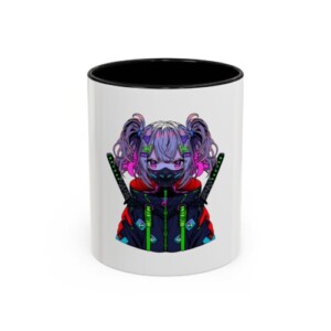 Cyberpunk Anime Girl Coffee Mug — Neon Kawaii Samurai Accent Mug (11/15 oz)